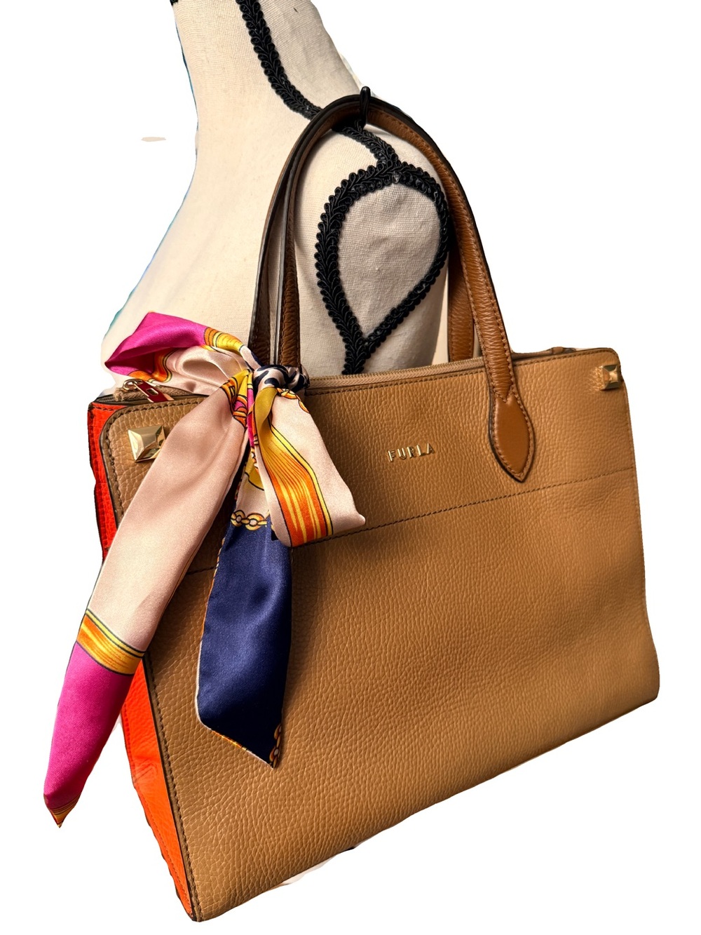 Furla Cognac Leather Satchel Tote with Orange Side Panels and Silk Scarf Accent